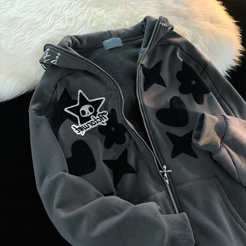 CGC Autumn Winter Plus Velvet Women Zip-Up Hoodies Letter Embroidery Thicken Sweatshirts Korean Fashion Oversized y2k Hoodie