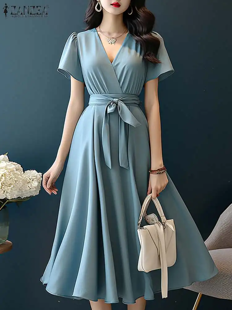 

ZANZEA Fashion Summer Party Dress Women V Neck Short Sleeve Office Sundress Robe Femme Elegant Solid OL Work Vestidos Oversize