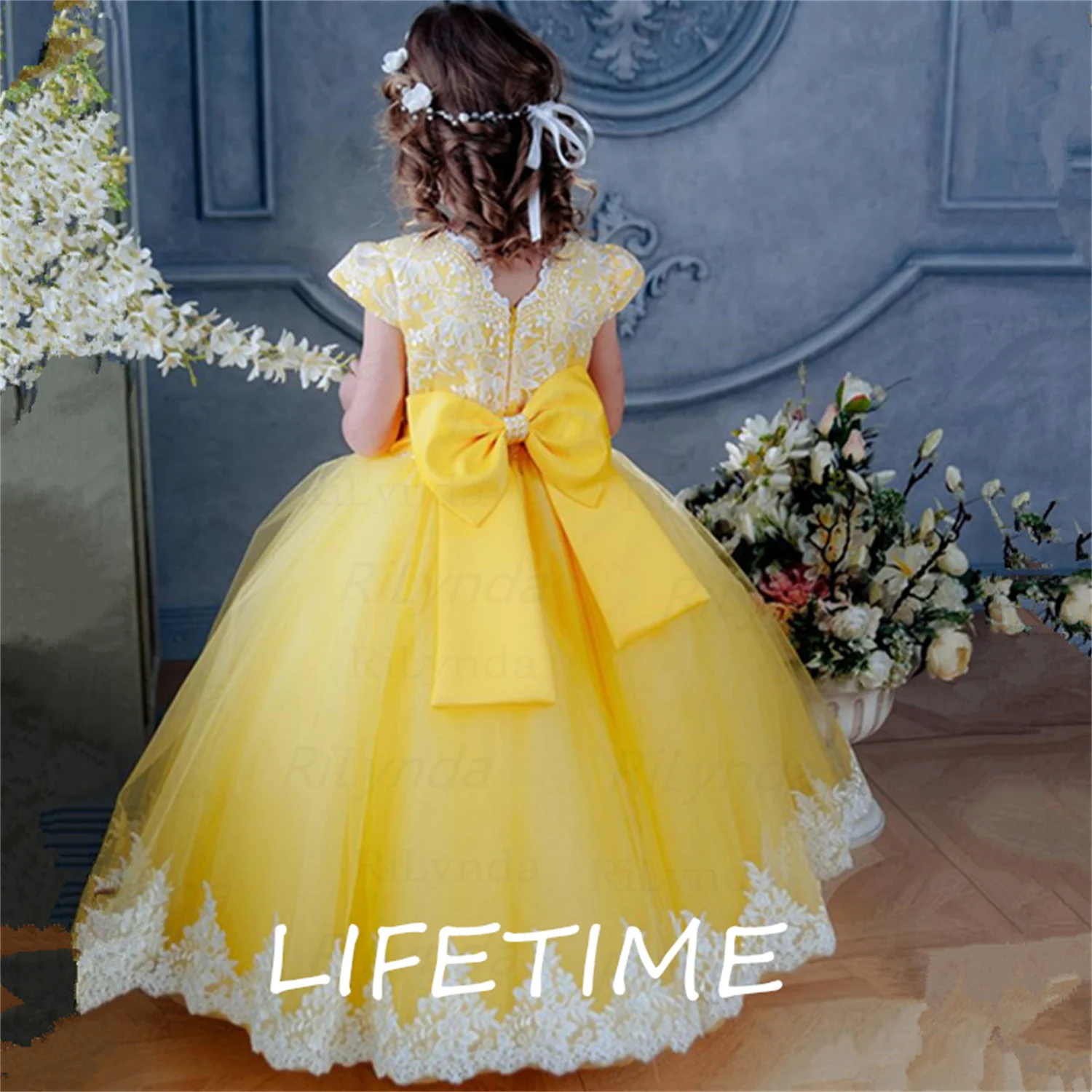 

Yellow Flower Girl Dress,Short Sleeve Dress, Gown for Baby Birthday Party,Wedding Party Dress for Girl