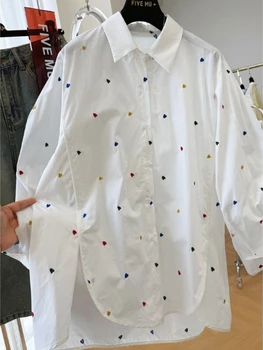 Y2k Heart Print Lapel Neck Shirt Women Lazy Loose Long Sleeve Blusas De Mujer 2026 Spring Autumn New All-match Blouses 1