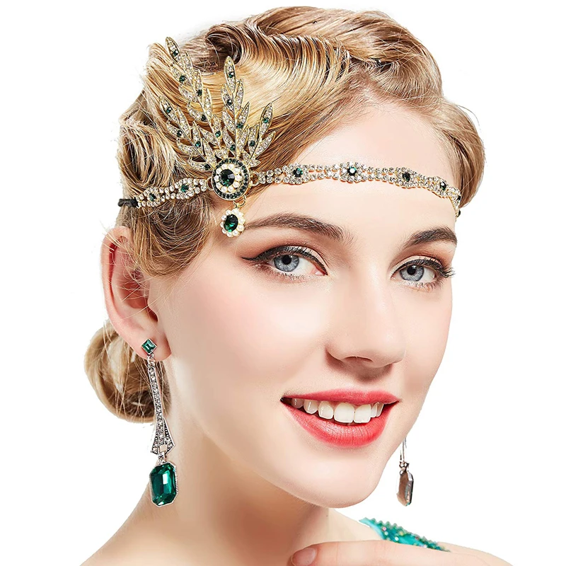 BABEYOND Haarband met veer voor dames jaren 20-stijl flapper Art Deco geïnspireerd door Great Gatsby bladeren schitterende kristallen haarband, wit BABEYOND Haarband met veer voor dames jaren 20-stijl flapper Art Deco geïnspireerd door Great Gatsby bladeren schitterende kristallen haarband, wit