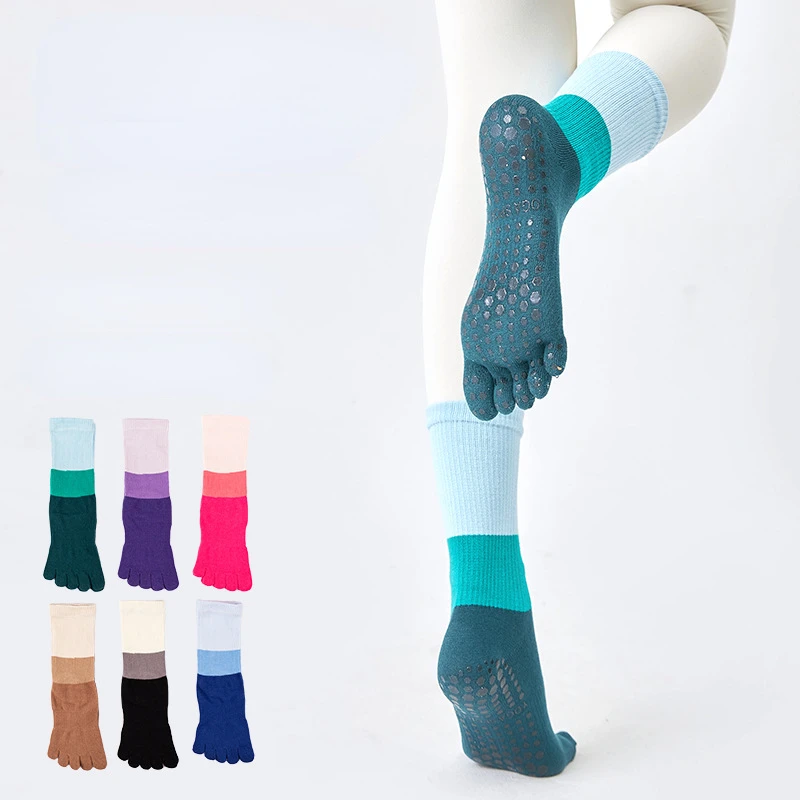 

New Cotton Color Blocking Mid-calf Five-toe Yoga Socks Pilates Socks Indoor Non-slip Sports Socks Dance Fitness Gymnastic Socks