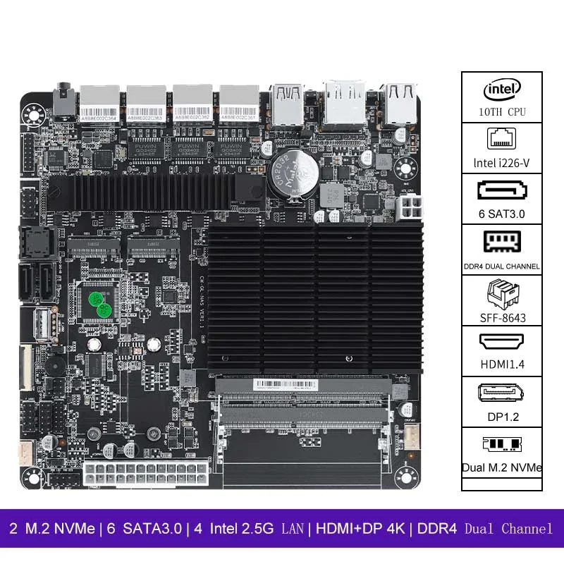 J4125 Scheda Madre Nas 6 Bay Nas Board 4 Intel I226-V 2.5G 2 M.2 Nvme Asm1064 Chip 6 Sata3.0 2 * Ddr4 Hdmi Dp 17X17 Mini Itx Board