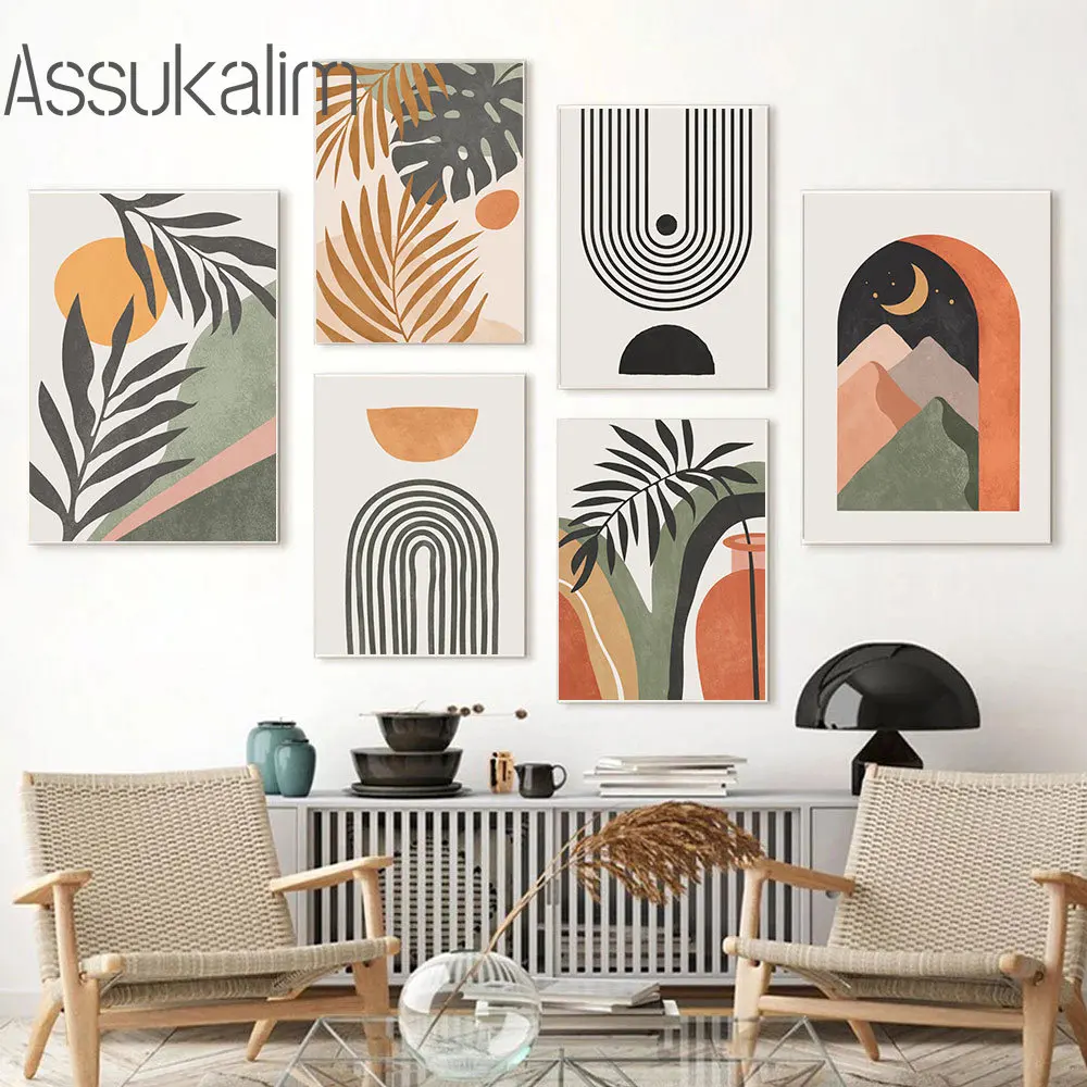 

Abstract Lines Art Prints Plant Leaves Wall Posters Sun Moon Canvas Pictures Mountain Poster Nordic Wall Art Living Room Decor