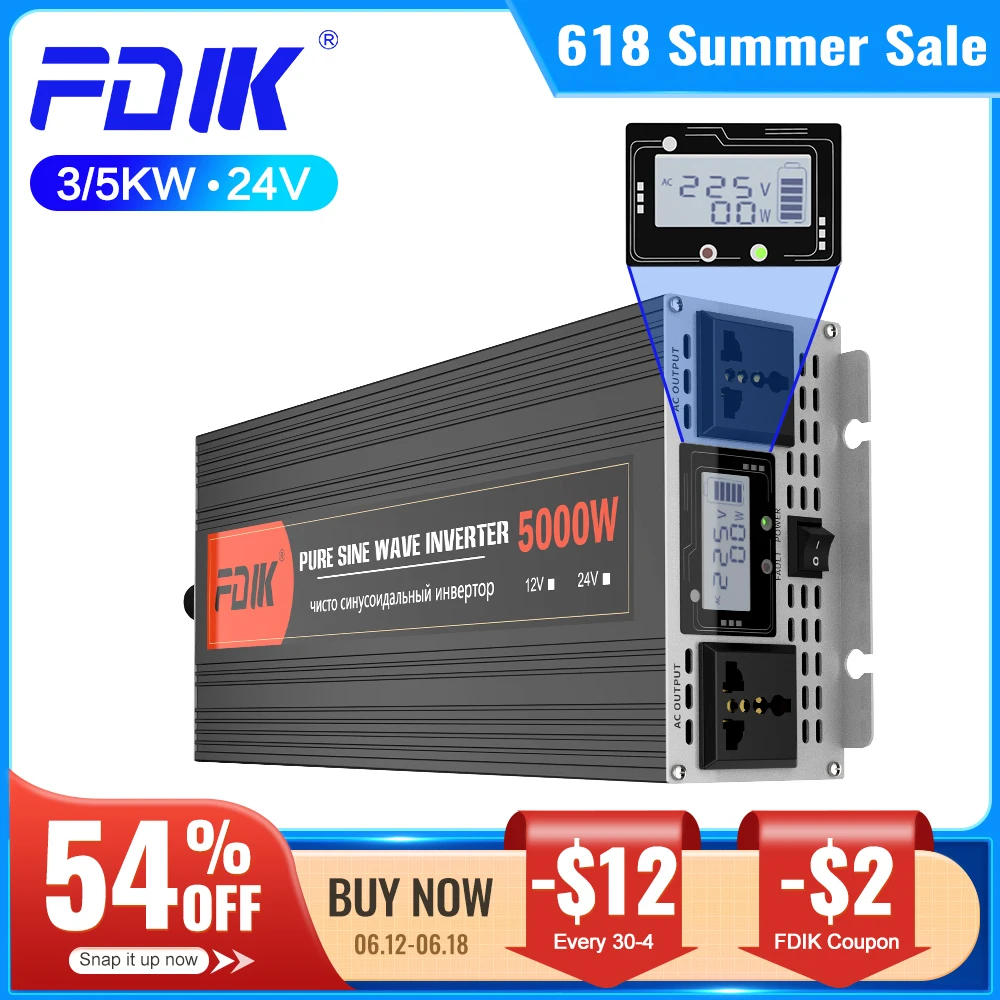 FDIK DC 24V to AC 220V Inverter Pure Sine Wave 3000W 5000W LCD Display Solar Power Bank Inverter