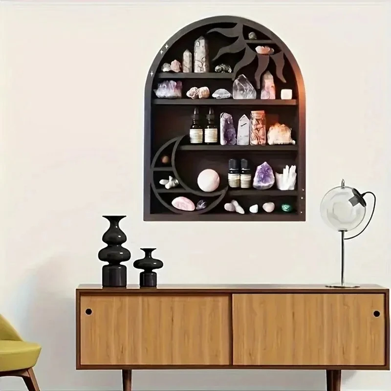 Wood Storage Shelf - Stylish And Practical Wall Shelf, Crescent Sun And Moon Crystal Shelf 4