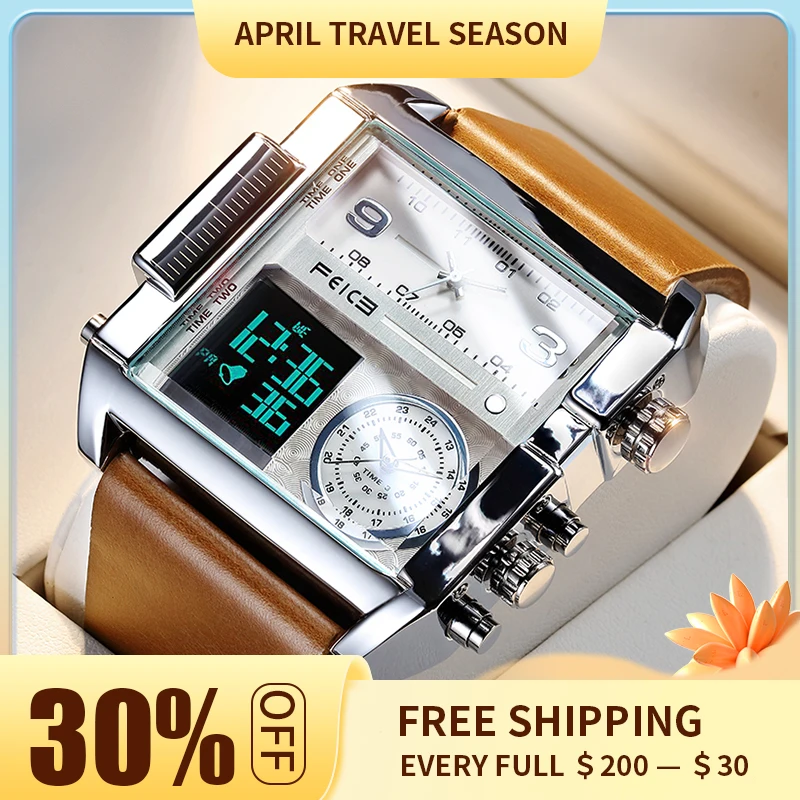 FEICE Wathes for Men Big Dial Digital LED Analog Quartz Waterproof Wristwatch Business Men’s Watch Square Leather Band FK030