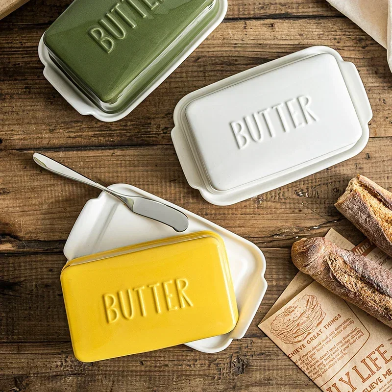 Japanese Ceramic Butter Box-Simple Cheese Plate Minimalist Butter Dish Flavor Preservation Container and Breakfast Tableware