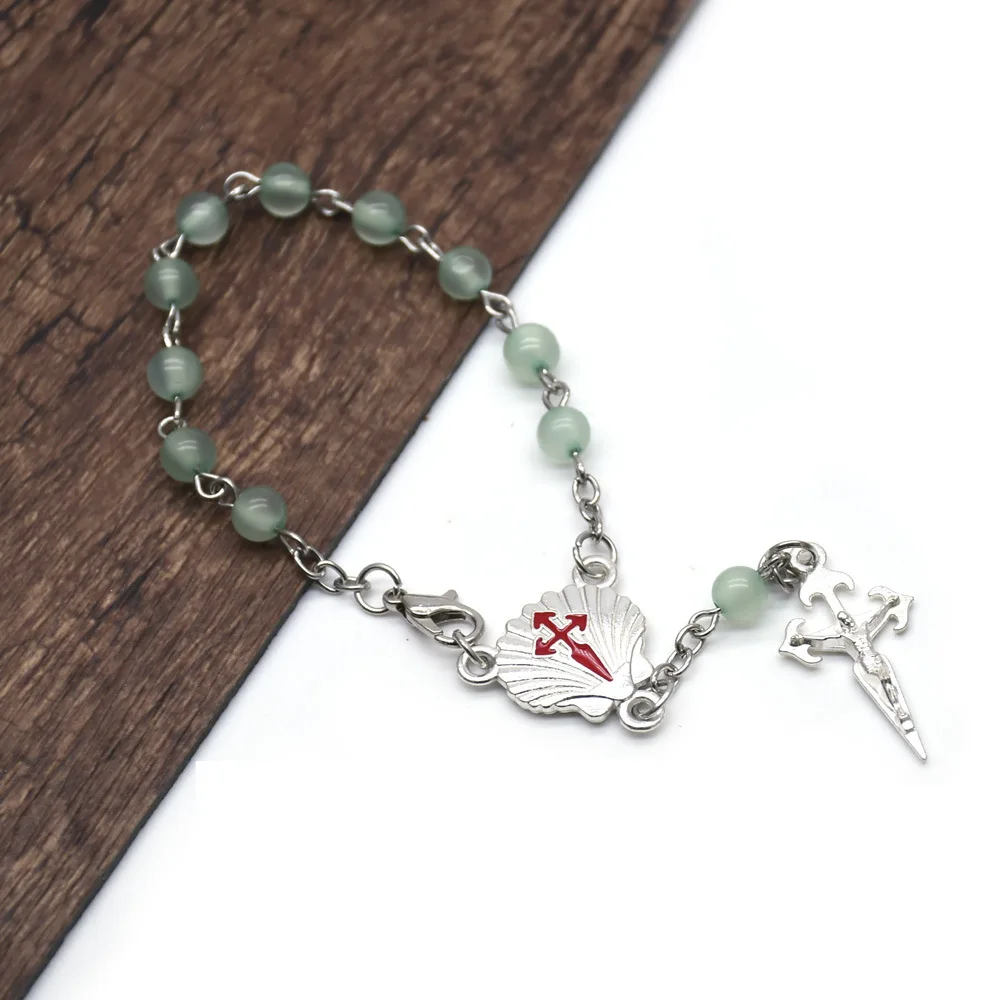 

10pcs Fashion Green Beaded Cross Pendant Rosary Bracelets Catholic Christian Religious Belief Prayer Men Women Jewelry Gifts