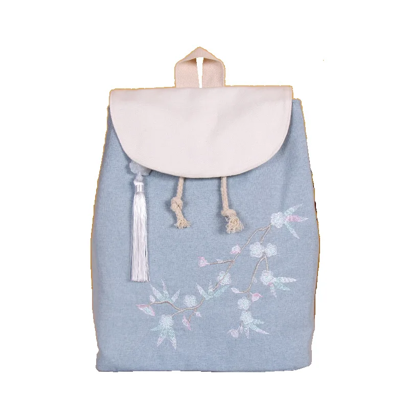Canvas Chinese Style Embroidery Floral Women's Travel Fashion Backpack Female Cloth Sack Kids Book Pouch Bolsa Bolso For Girls