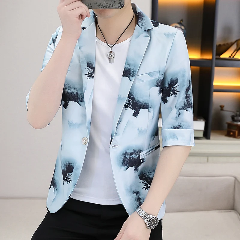 Summer Suit Jacket for Men Lightweight Half Sleeve Blazers Jackets Sunscreen Slim Fit Casual Business Hairstylist Dress Coats