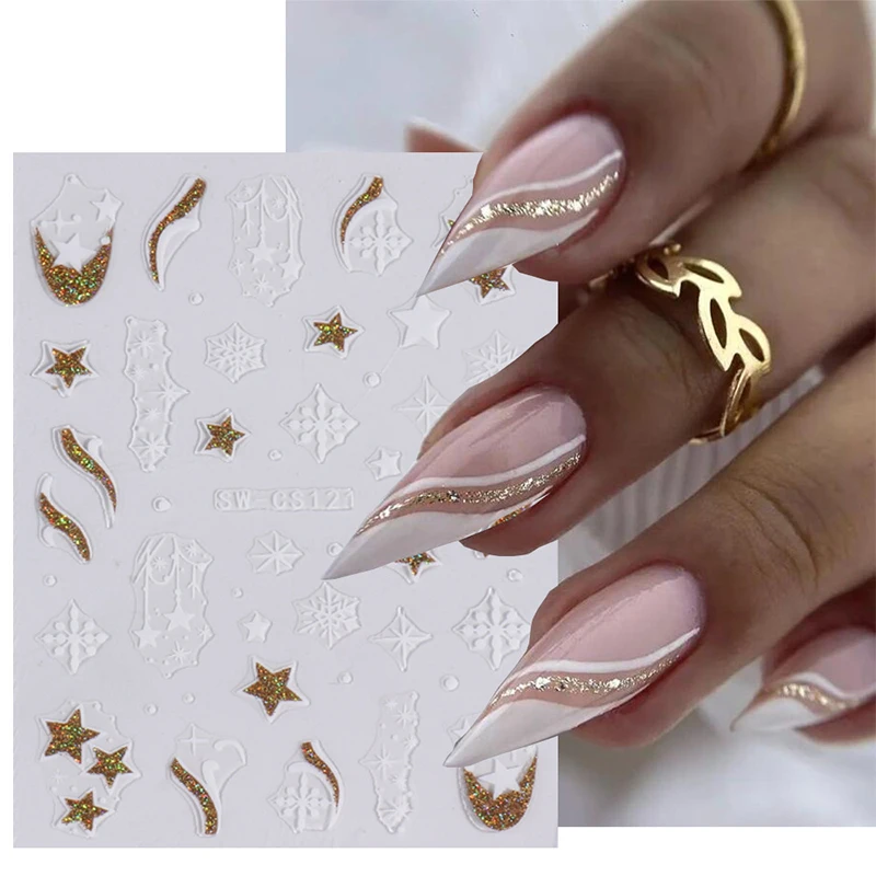 

3D Gold Silver Glitter Stickers Snowflake Lantern Cane Winter Christmas Embossed Slides Xmas Engraved Nail Accessories