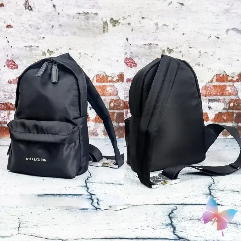 

Модные уличные черные рюкзаки 1017 ALYX 9SM для мужчин и женщин, повседневные уличные дорожные нейлоновые сумки на молнии с металлическим гнездом и буквенным логотипом