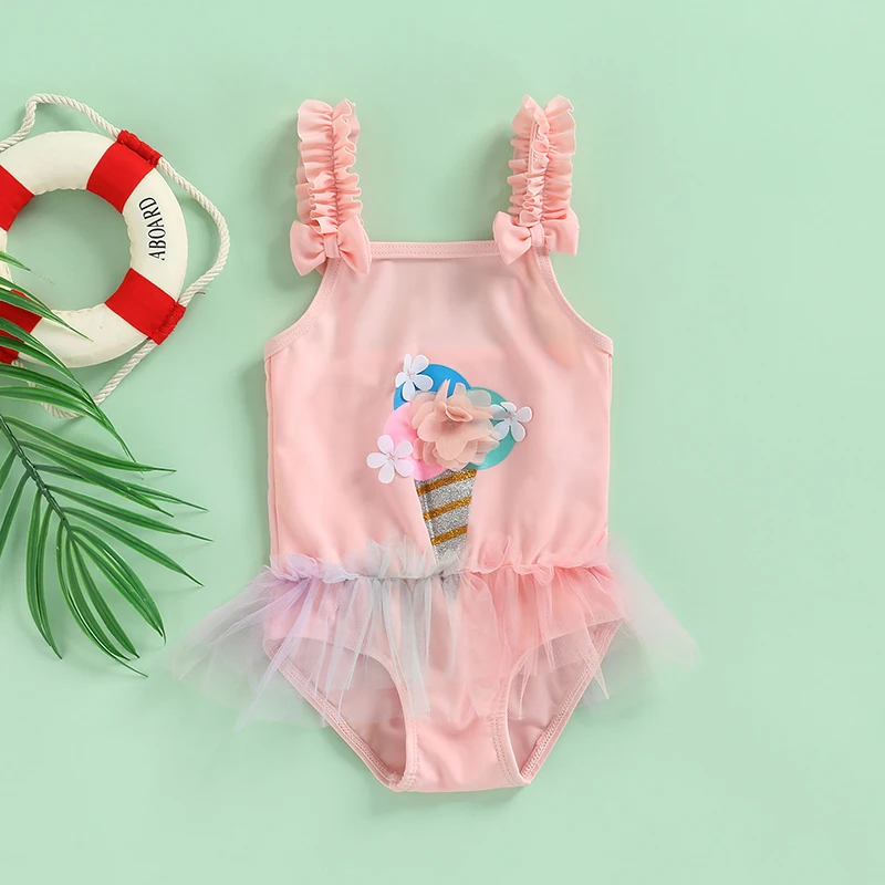 

Summer Lovely Baby Girl Swimwear Sleeveless Square Neck Ice Cream Flower Sequin Pattern Tulle Skirt Triangle Crotch 6 M-4 Y