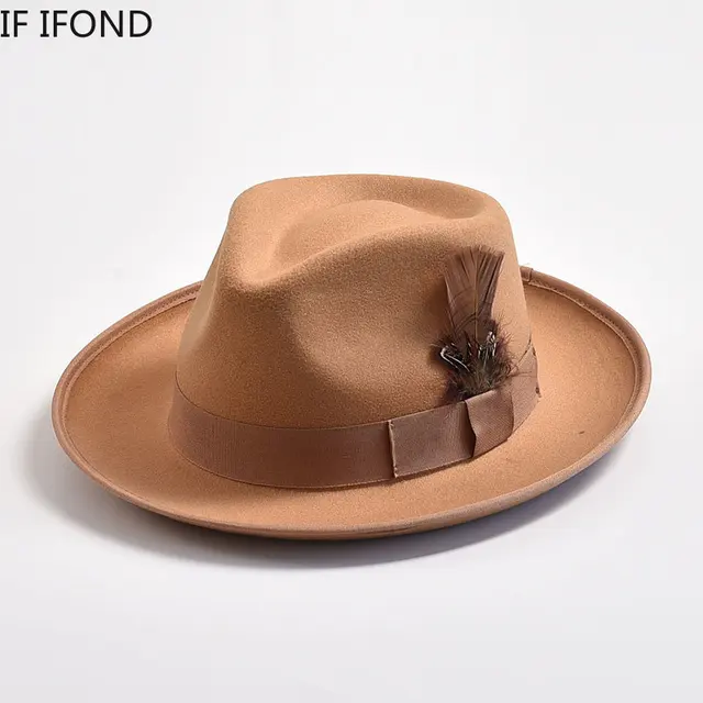 Handmade Feathers Felt Fedora Hat Vintage Men Panama Trilby Hats Curved Brim Gentleman Party Dress Cap 1