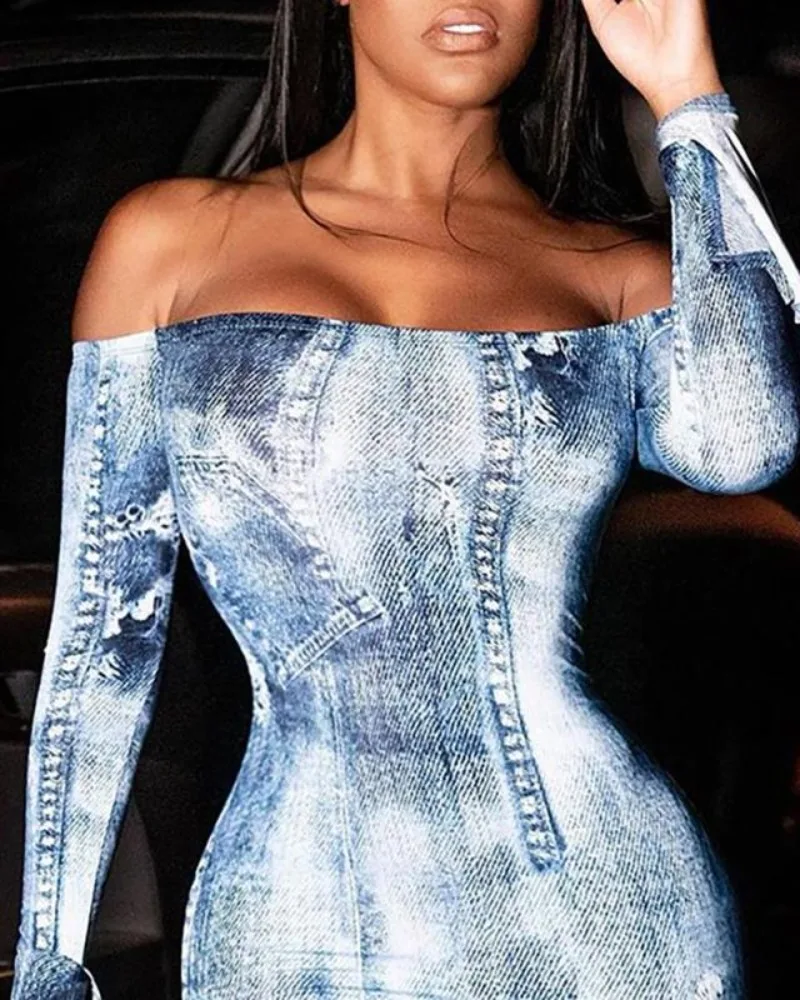 

Women's New Sexy Fashion Leisure Commuting Vacation Style Versatile Street Style Printed One Line Neck Slim Fit Dress