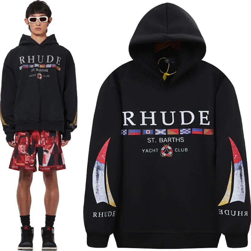 

2023 Yacht Club Multi Flag Rhude Style Printed Hoodies Men Women High Quality Hooded Sweatshirt