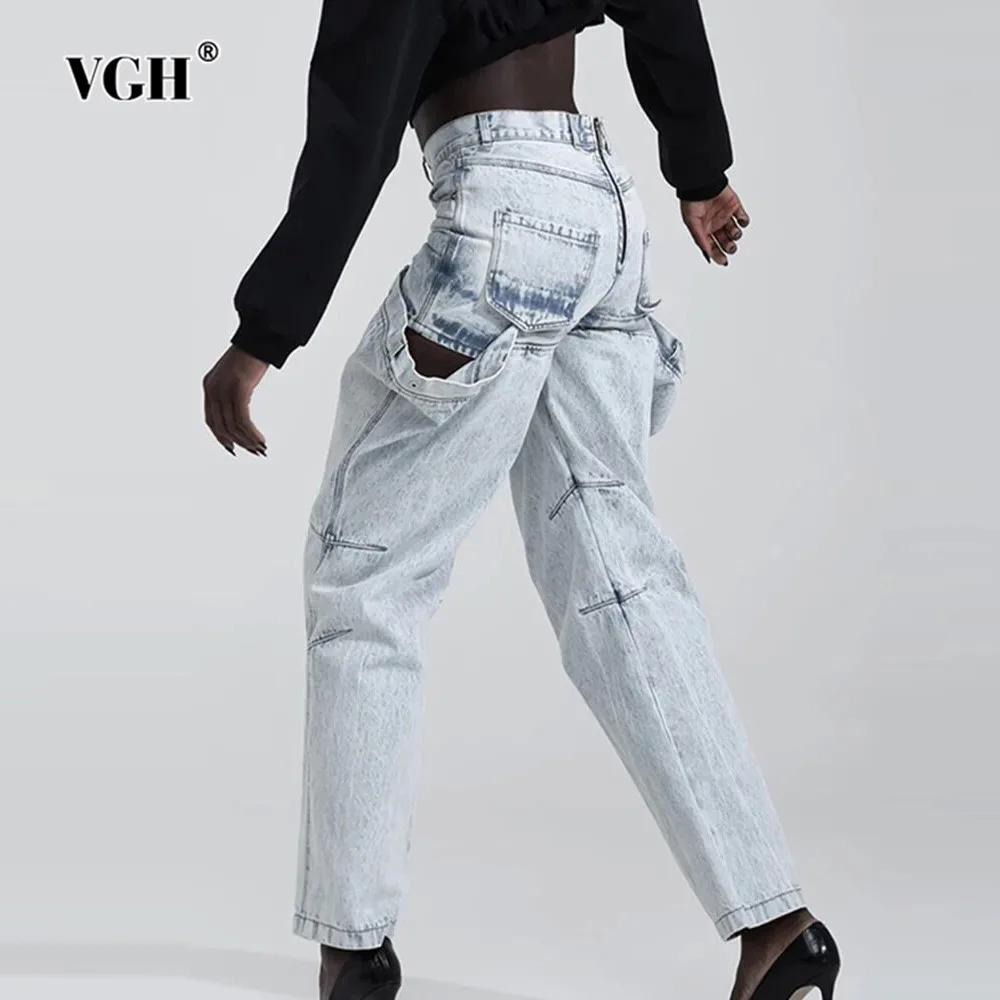 

VGH Casual Spliced Pockets Solid Denim Trousers For Women High Waist Patchwork Zipper Streetwear Loose Pencil Pants Female New