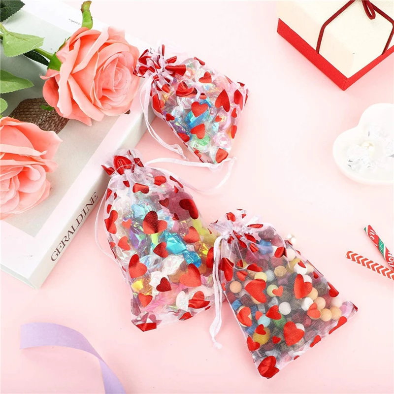 100 Heart Print Organza Bags - 3.15x3.94 Inch Drawstring Gift Bags For Valentines & Weddings