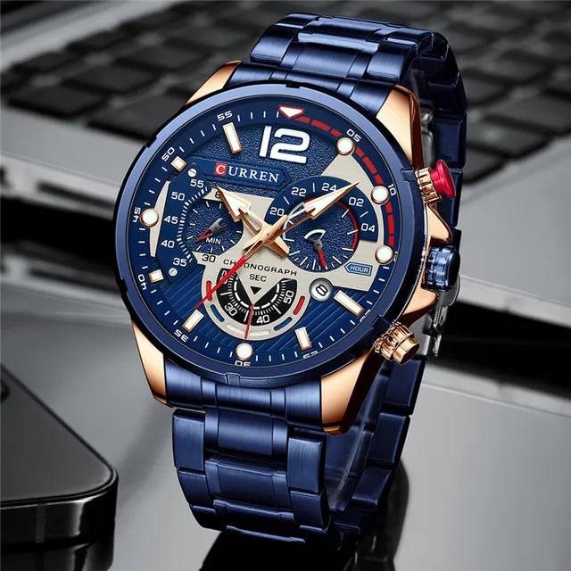 Mens Quartz Watch Chronograph Date Stainless Steel Band Sport Wristwatch Waterproof Luxury Business Casual Multifunctional Watch