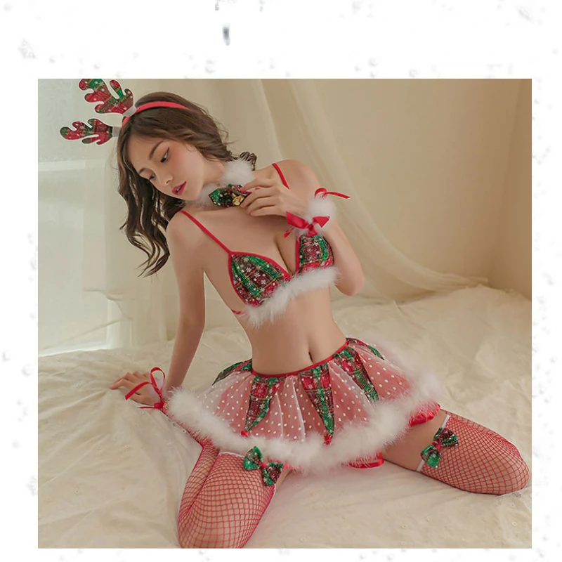 

Christmas Costumes Sexy Lingerie Role Play Uniform Temptation Cosplay Christmas Elk Plush Mesh Suit Mujer Lingerie Set for Women