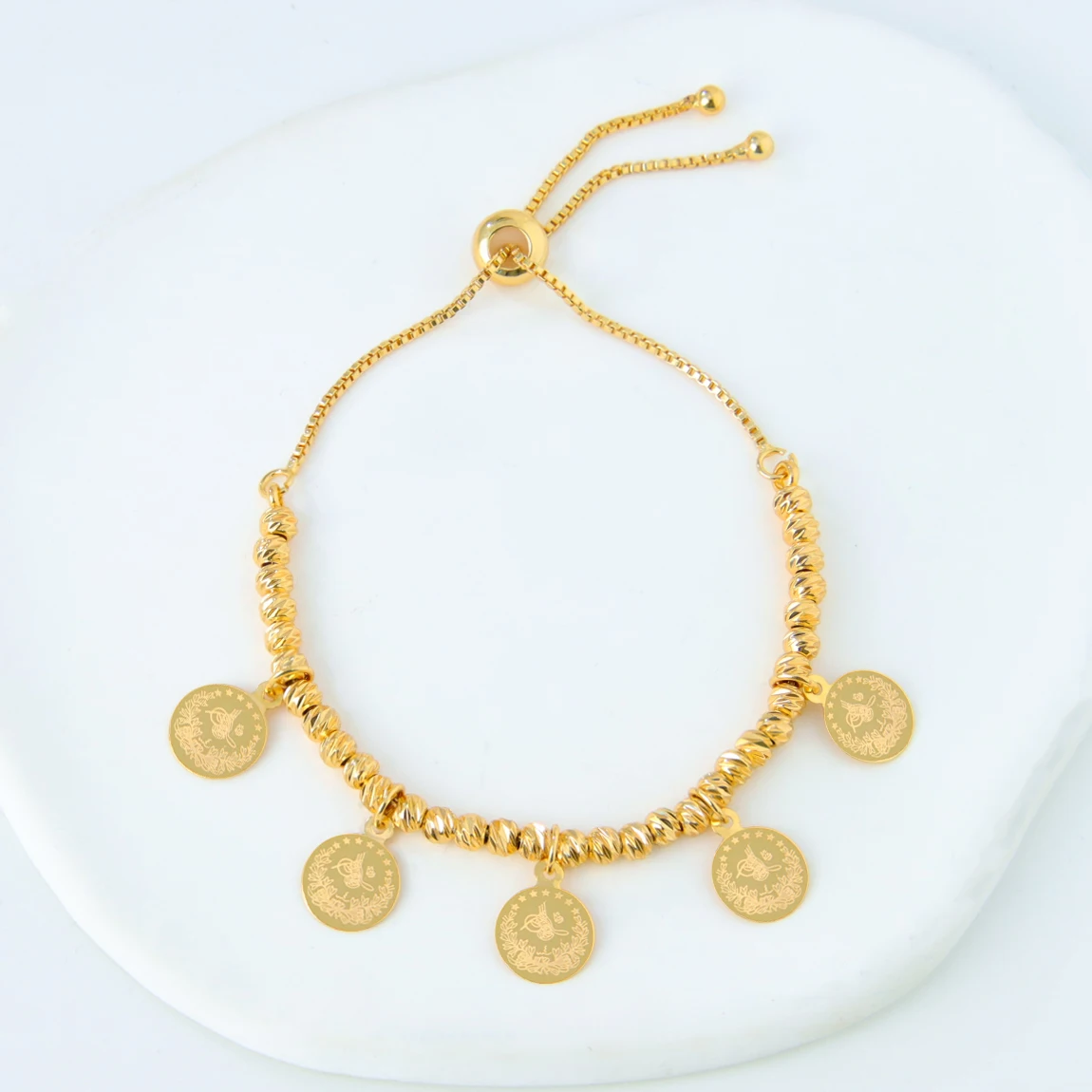 Arabische Gold farbe Perlen Armband 21 Karat vergoldet verstellbare türkische Münzen Armreifen islamische Frauen Luxus Hochzeits feier Schmuck Geschenke – Detail 6