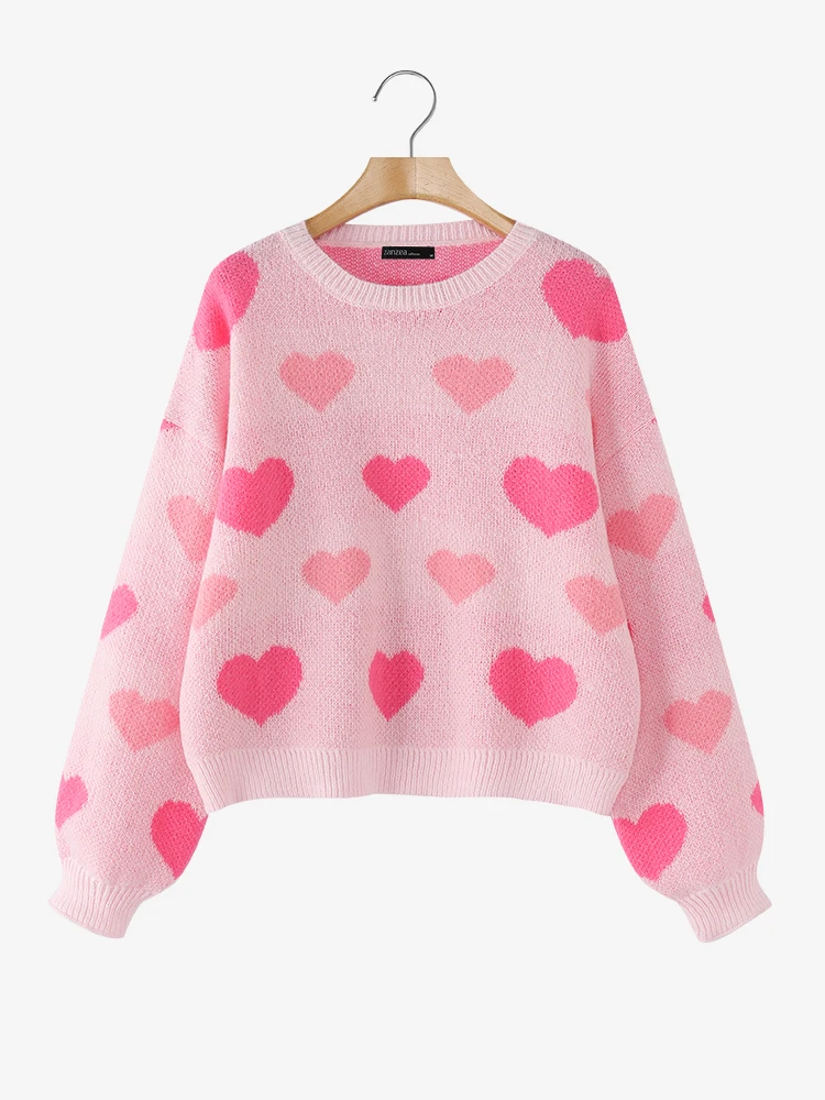 Polyester Long Sleeve Heart Print Sweater for Women