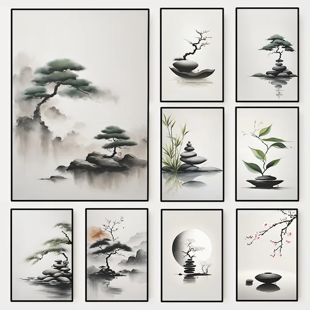 Minimalist Japanese Ink-Wash Artwork Zen Poster Japandi Rock Cairn Canvas Painting Religion Wall Art
