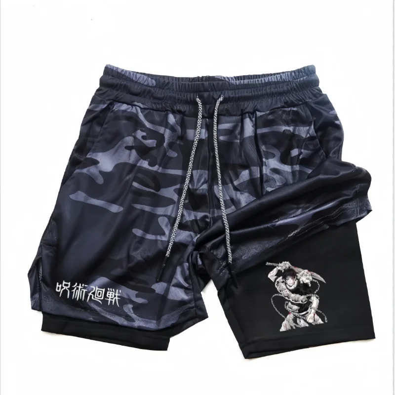 Anime Performance Shorts Toji Printed Men GYM Casual Sports Shorts Workout Running Mesh 2 In 1 Sport Short Pants