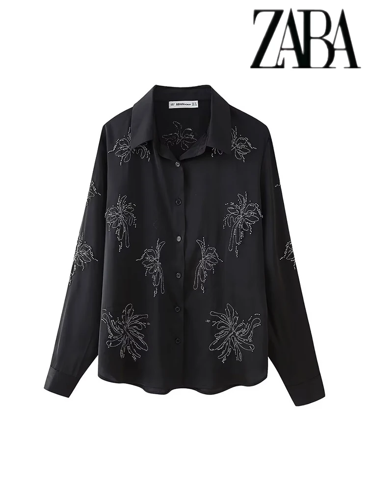 TRAF Womens Embroidered Beaded Long Sleeve Ladies' Suit Lapel Single Breasted Shirt Set Loose Tie Straight Pants Two Piece Set