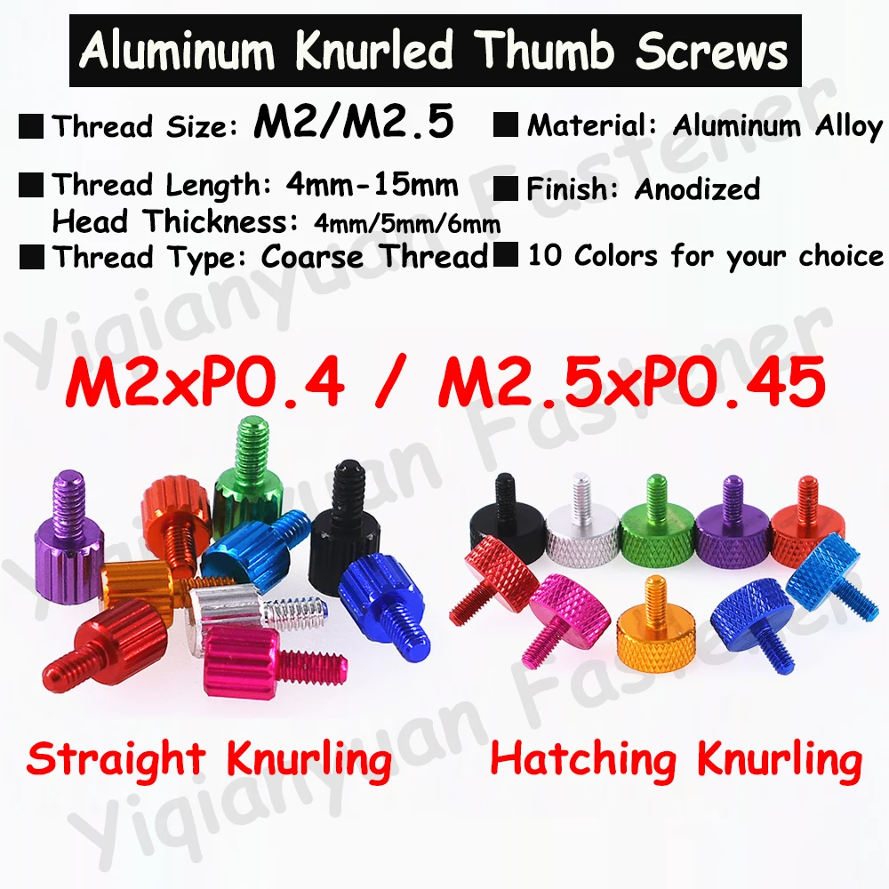 

5Pcs M2 M2.5 Colourful Aluminum Hatching / Staight Knurled Thumb Screw GB835 Flat Head Hand Tighten Thumb Screw Coarse Thread
