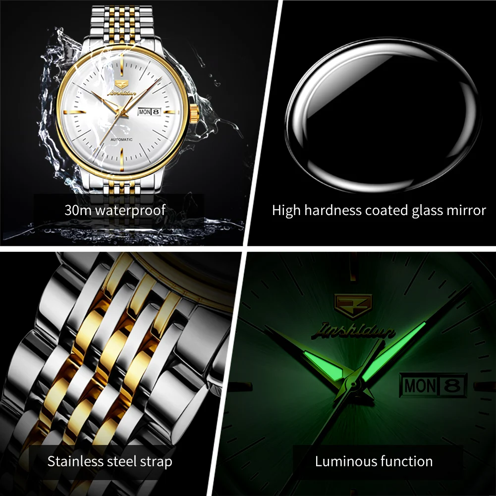 JSDUN Mechanical Watch for Men Classic Minimalist Dial Stainless Steel Waterproof Watch Business Men's Wristwatch Clock 8938