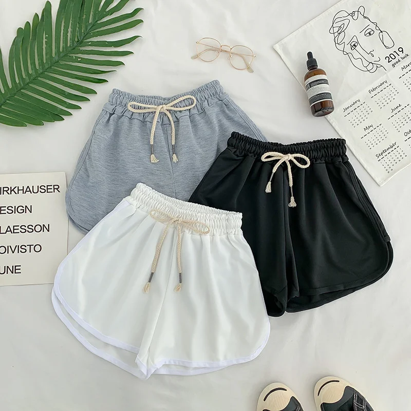 Lace Up Casual Summer Shorts Women Simple Elastic Slim Straight Shorts Ladies Fashion Beach High Waist Black White Shorts Female korean fashion elastic waist women pu leather shorts pocket casual shorts female with belt 2022 autumn winter women clothing