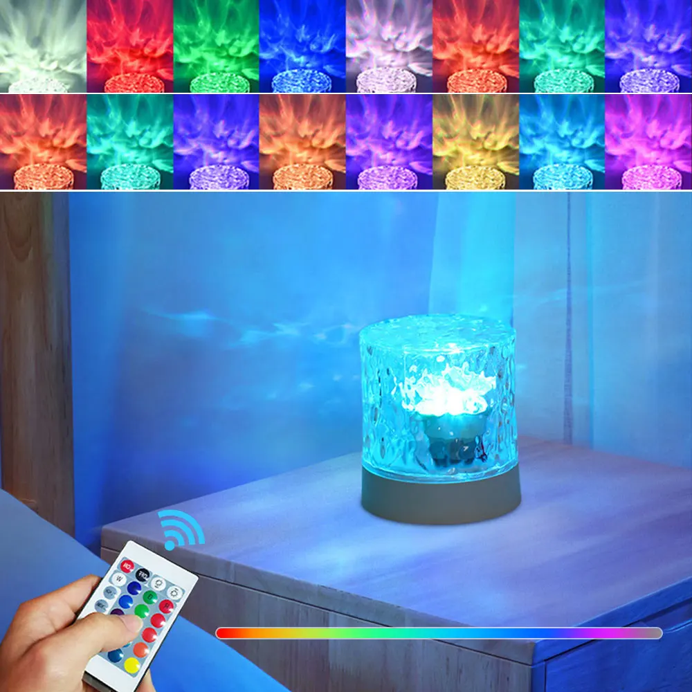LED 야간 조명 USB 물 잔물결 크리스탈 프로젝터 램프, 조도 조절 침실 거실 책상 램프, 홈 룸 장식, 16 색