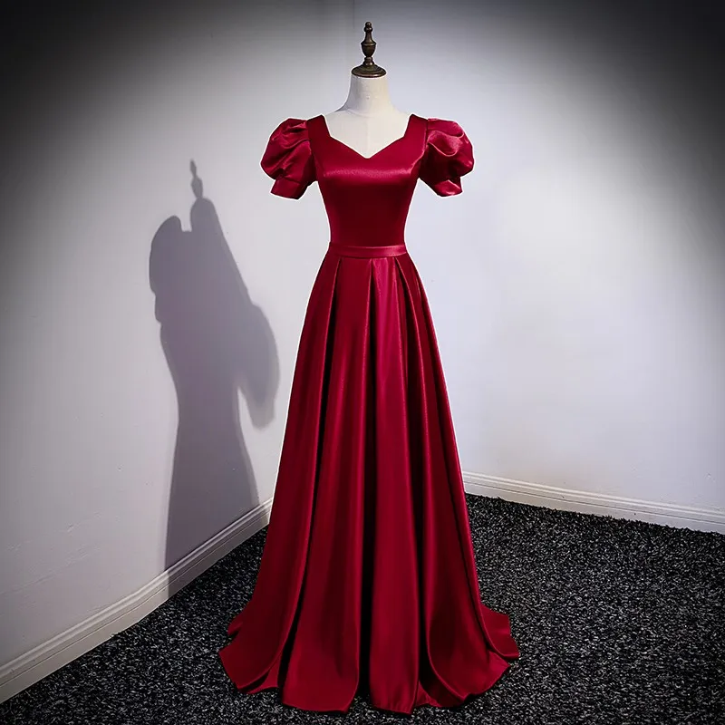 

Evening Dresses Long Elegant V-neck Party Dress Classic Satin A-line Prom Dress Sweet Puff Sleeve Robe De Soiree
