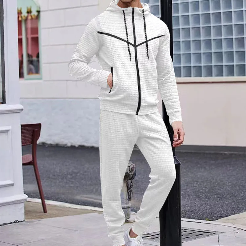 Autumn and Winter 2023 Men's Fashion Trend Casual Sports Running Small Square Zipper Hooded Men's Two-piece Suit
