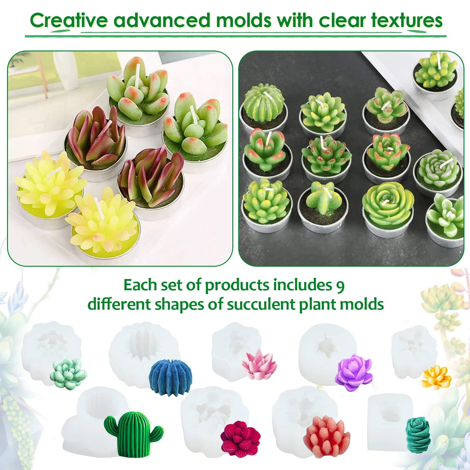 9Pc Succulent Silicone Mold 3D Succulent Cactus Candle Molds Creative Resin Mold Safe Cactus Flower Resin Casting