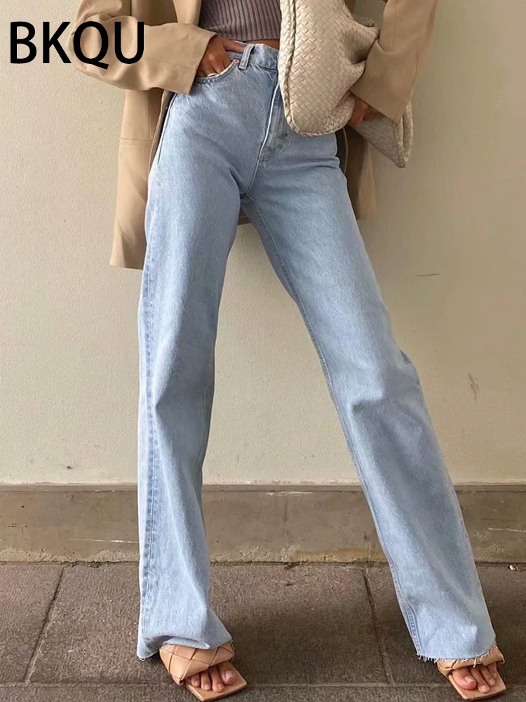 

BKQU Jeans Women American High Waist Straight Denim Long Baggy Pants 2024 Fashion Streetwear Spring New Wide Leg Jean Trousers