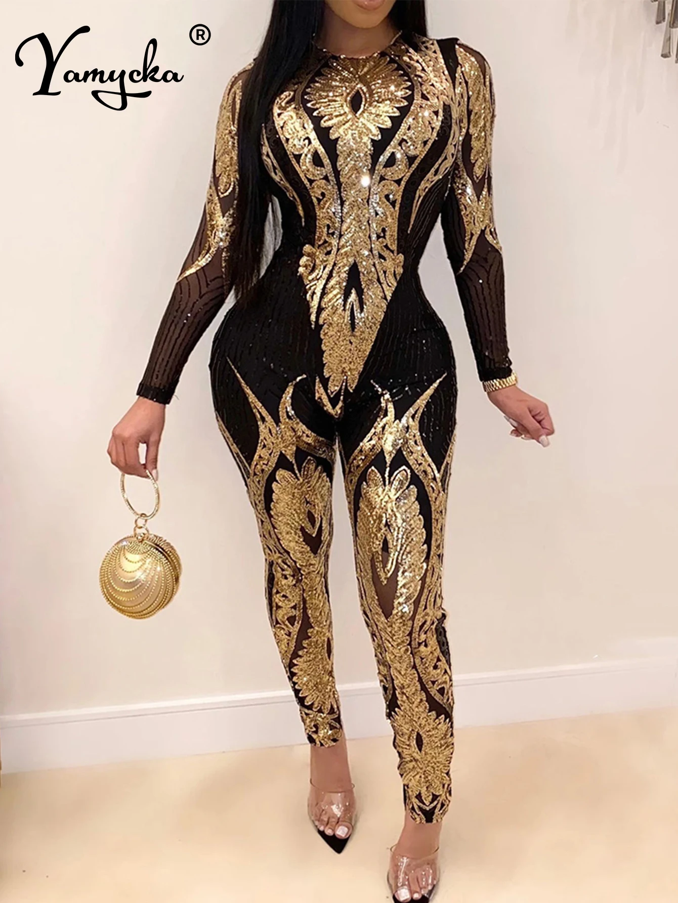 Sexy Long sleeve Sequin bodycon jumpsuit women body bodysuit one piece birthday party nightclub outfits womens jumpsuits overall fashion lace sequin jumpsuit for women 2024 spring elegant round neck overall with belt female chic long sleeve lady streetwear