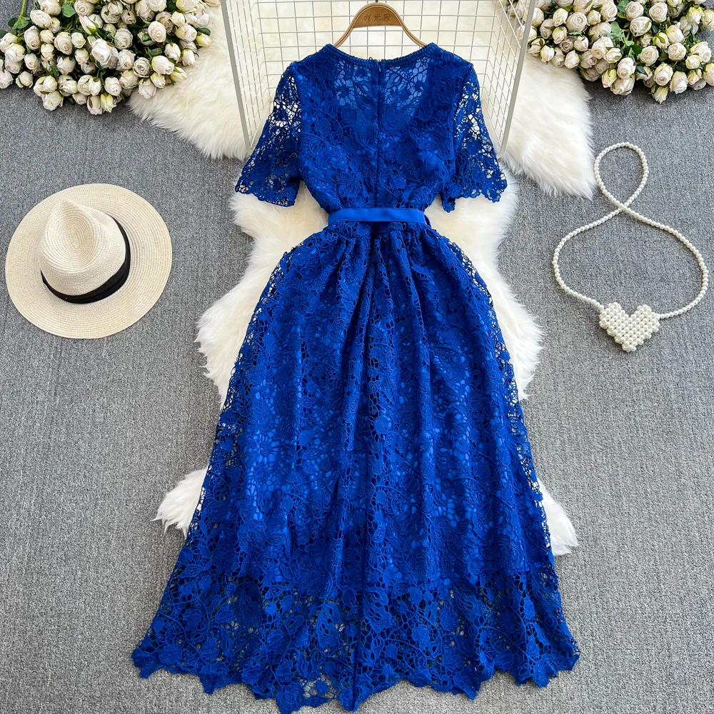 Pure Color Y2K Women A Line Elegant Office Ladies Vestidos Casual High Waist Short Sleeve Summer Party O Neck Zipper Pink Dress