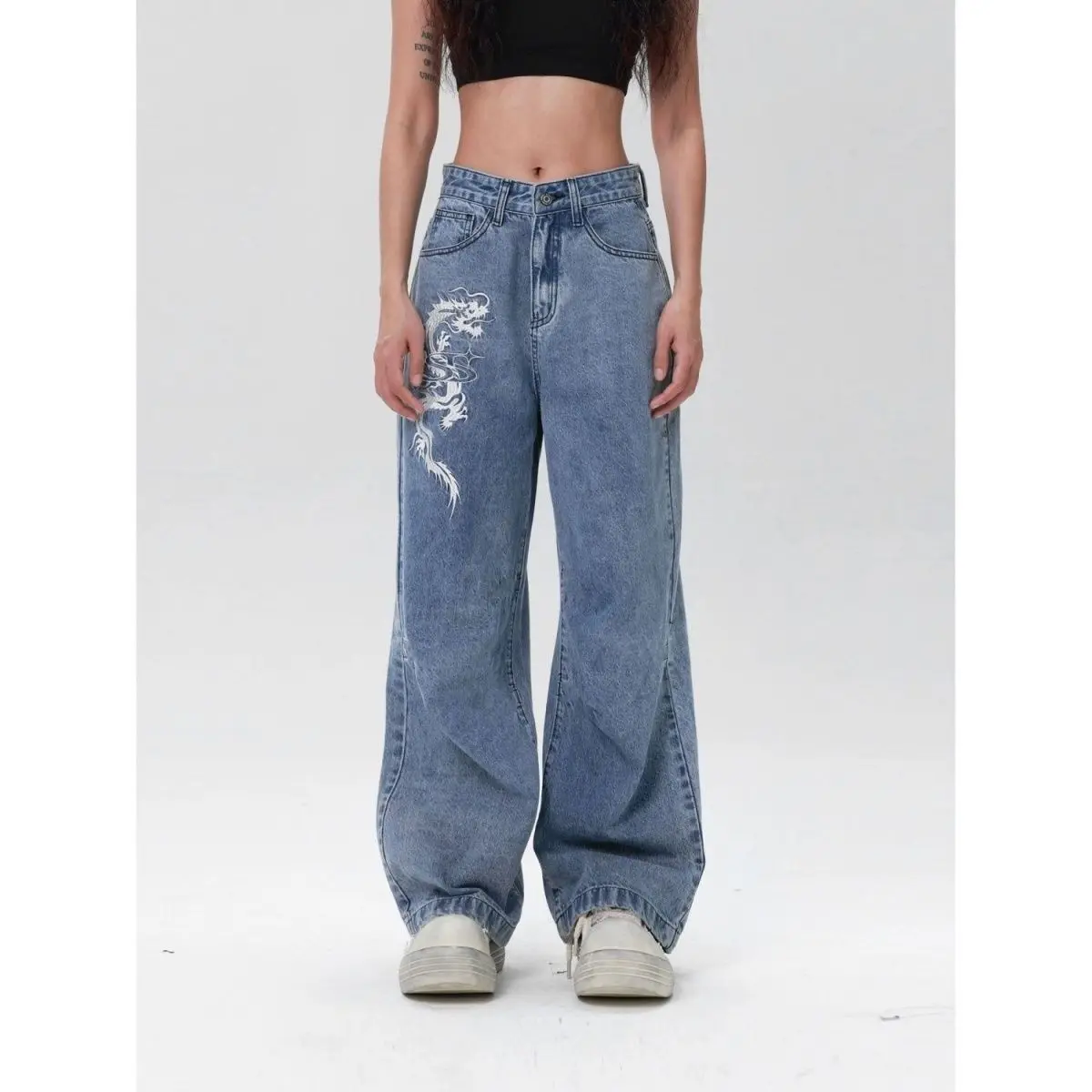 Jeans Printed Dragon Hip Hop Y2K Women Black Streetwear Fashion Spring Autumn Oversize Pants Vintage Loose Straight Trousers