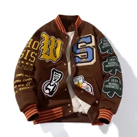 Embroidery Varsity Jacket Men Women | Letter Winter Baseball Jacket | Hip Hop Woolen Thick Warm Coat Parkas Brown - Image 4