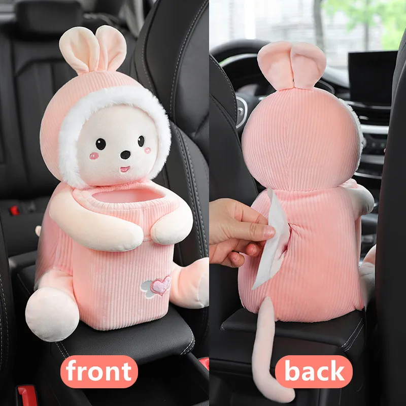 Cute Car Tissue Box Creative Lovely Rabbit Short Plush Tissue Box Holder  For Car Armrest Box Car Seat Tissue Box Auto Interior