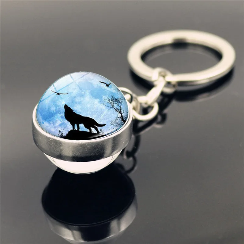 Glow in the Dark Wolf Key Chain Howling Wolf and Moon Keyring Double