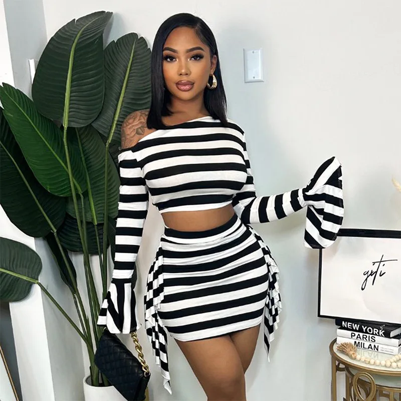 SKMY 2 Piece Sets Women Outfit 2023 Autumn Winter New Stripe Print Flare Long Sleeve Oblique Shoulder Crop Top Mini Skirt Set