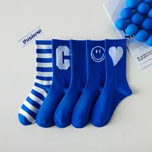 

Klein Blue Letters Smiley Socks Women printing Fashion Popular Retro Street Fashion Socks Cotton Sports Personality Crew Socks