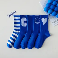 Klein Blue Letters Smiley Socks Women printing Fashion Popular  Retro Street Fashion Socks Cotton Sports Personality Crew Socks