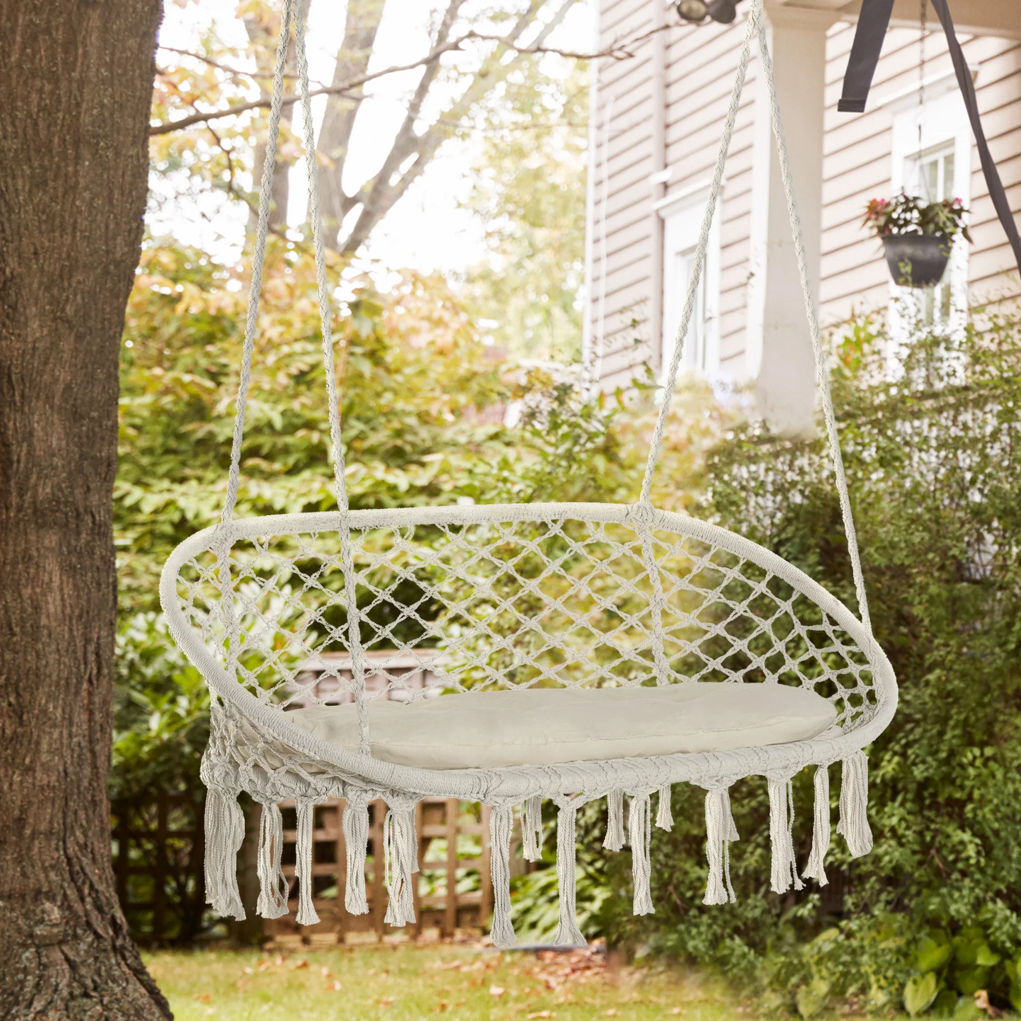 Outside Patio Swing Chair W/ Steel Frame, Built-In Armrests, & Curved Back White 2