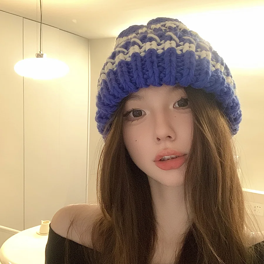 Japanse gestreepte dikke gebreide mutsen hoeden voor dames herfst en winter Veelzijdig showgezicht klein warm retro groot hoofd_voghion.com