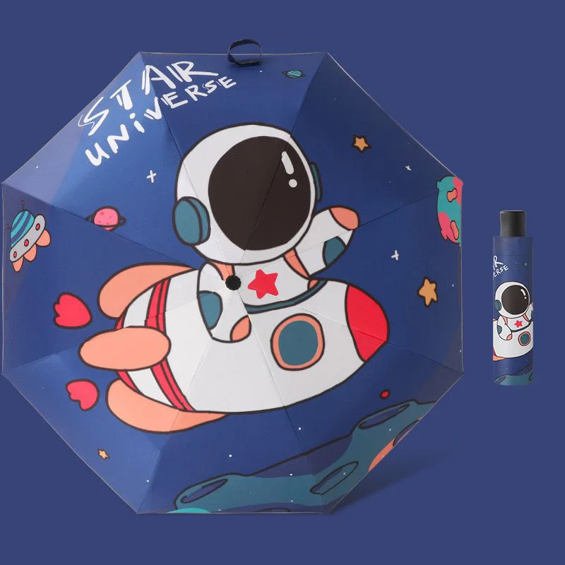 Unisex Manual 8 Ribs Adorable Cartoon Astronaut Pattern Folding Umbrella Casual Lightweight Compact Backpack Umbrella